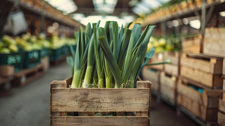 Leeks harvested in wooden boxes in a warehouse. Natural organic fruit abundance. Healthy and natural food storing and shipping concept.の素材