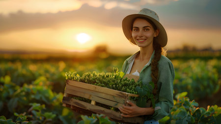 Beautiful young farmer woman holding a wooden box full of green pea vegetable standing in the field with sunset. Concept of healthy lifestyle, local farming and beauty.の素材