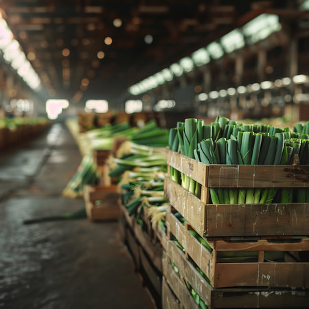 Leeks harvested in wooden boxes in a warehouse. Natural organic fruit abundance. Healthy and natural food storing and shipping concept.の素材