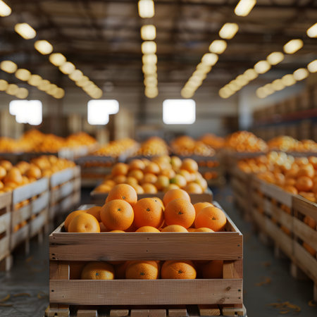 Oranges harvested in wooden boxes in a warehouse. Natural organic fruit abundance. Healthy and natural food storing and shipping concept.の素材