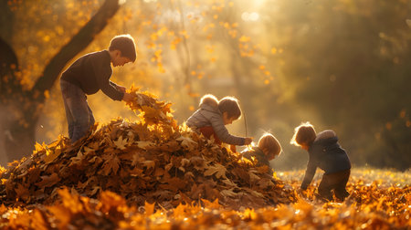 Group of joyful children building autumn leaf house in the forest with sunshine.の素材