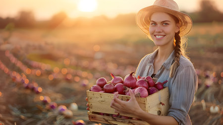 Beautiful young farmer woman holding a wooden box full of red onions vegetable standing in the field with sunset. Concept of healthy lifestyle, local farming and beauty.の素材