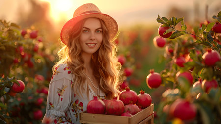 Beautiful young farmer woman holding a wooden box full of pomegranate fruits standing in the field with sunset. Concept of healthy lifestyle, local farming and beauty.の素材
