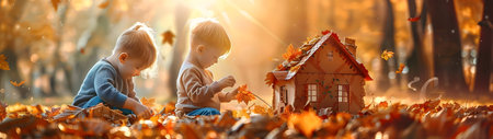 Group of joyful children building house in autumn leaves in the forest with sunshine.の素材