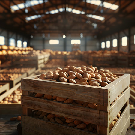 Almond nuts harvested in wooden boxes in a warehouse. Natural organic fruit abundance. Healthy and natural food storing and shipping concept.の素材