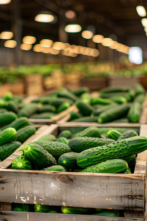 Cucumber harvested in wooden boxes in a warehouse. Natural organic fruit abundance. Healthy and natural food storing and shipping concept.の素材