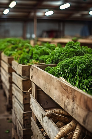 Parsley harvested in wooden boxes in a warehouse. Natural organic fruit abundance. Healthy and natural food storing and shipping concept.の素材