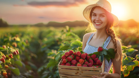 Beautiful young farmer woman holding a wooden box full of strawberry fruit standing in the field with sunset. Concept of healthy lifestyle, local farming and beauty.の素材