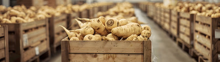 Parsnip root harvested in wooden boxes in a warehouse. Natural organic fruit abundance. Healthy and natural food storing and shipping concept.の素材