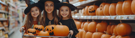 Mother and her daughters dressed as witches pulling a shopping cart with Halloween pumpkins. Concept of Halloween shopping, sale and commerce.の素材