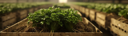 Parsley harvested in wooden boxes in a warehouse. Natural organic fruit abundance. Healthy and natural food storing and shipping concept.の素材