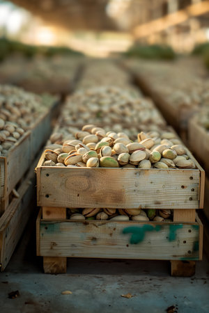 Pistachio nuts harvested in wooden boxes in a warehouse. Natural organic fruit abundance. Healthy and natural food storing and shipping concept.の素材