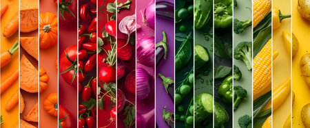 Rainbow color mix stripes with perfect vegetables, slices and leaves on colorful background. Healthy, organic, bio food concept. Abstract background, flat lay.の素材