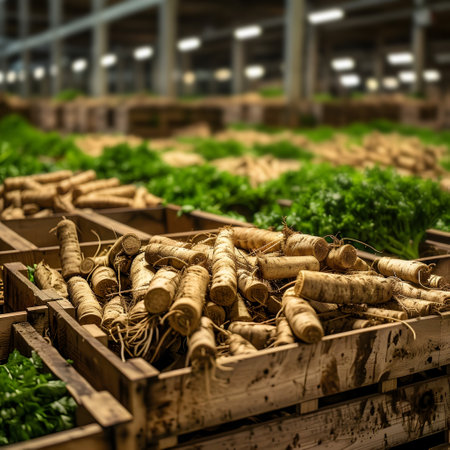 Parsley harvested in wooden boxes in a warehouse. Natural organic fruit abundance. Healthy and natural food storing and shipping concept.の素材