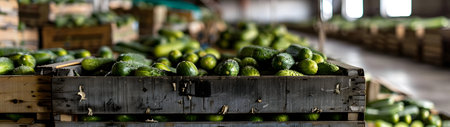 Gherkins harvested in wooden boxes in a warehouse. Natural organic fruit abundance. Healthy and natural food storing and shipping concept.の素材