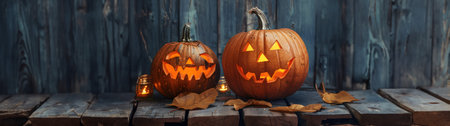 Still life with two shining carved Halloween pumpkins on wooden board surface and background. Concept of Halloween celebration, Trick or Treat and season.の素材