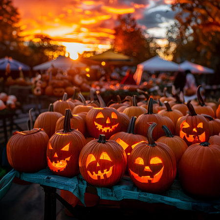 Large group of shining carved Halloween pumpkins lying on the table of the marketplace stand in the evening with sunset. Concept of Halloween celebration, Trick or Treat and season.の素材