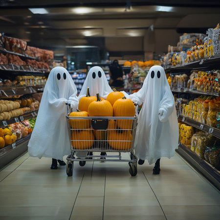Children dressed as ghosts pulling a shopping cart with Halloween pumpkins. Concept of Halloween shopping, sale and commerce.の素材