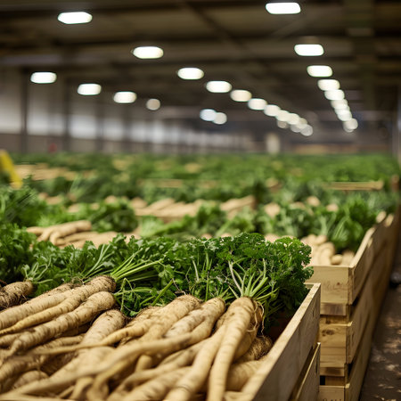Parsley harvested in wooden boxes in a warehouse. Natural organic fruit abundance. Healthy and natural food storing and shipping concept.の素材