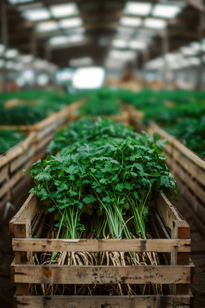 Parsley harvested in wooden boxes in a warehouse. Natural organic fruit abundance. Healthy and natural food storing and shipping concept.の素材