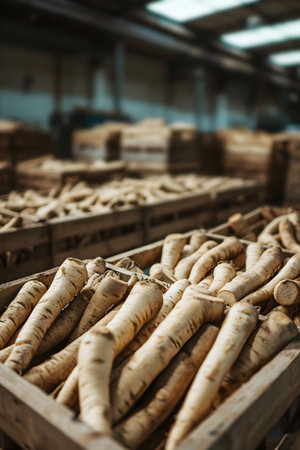 Parsnip root harvested in wooden boxes in a warehouse. Natural organic fruit abundance. Healthy and natural food storing and shipping concept.の素材