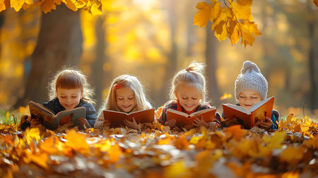 Group of children reading books in autumn forest. Concept of learning, studying, educatin and enjoyment.の素材