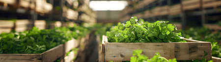 Parsley harvested in wooden boxes in a warehouse. Natural organic fruit abundance. Healthy and natural food storing and shipping concept.の素材