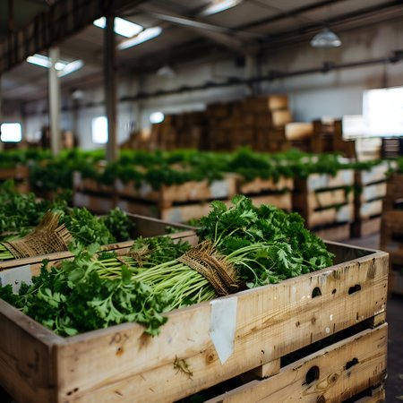 Parsley harvested in wooden boxes in a warehouse. Natural organic fruit abundance. Healthy and natural food storing and shipping concept.の素材