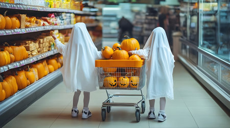 Children dressed as ghosts pulling a shopping cart with Halloween pumpkins. Concept of Halloween shopping, sale and commerce.の素材
