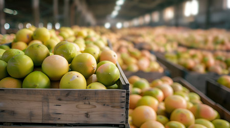 Pomelo citrus fruit harvested in wooden boxes in a warehouse. Natural organic fruit abundance. Healthy and natural food storing and shipping concept.の素材