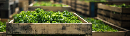 Parsley harvested in wooden boxes in a warehouse. Natural organic fruit abundance. Healthy and natural food storing and shipping concept.の素材