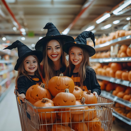 Mother and her daughters dressed as witches pulling a shopping cart with Halloween pumpkins. Concept of Halloween shopping, sale and commerce.の素材