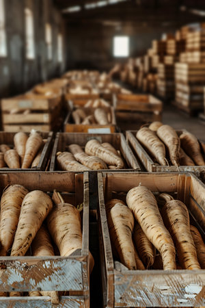 Parsnip root harvested in wooden boxes in a warehouse. Natural organic fruit abundance. Healthy and natural food storing and shipping concept.の素材