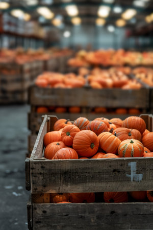 Pumpkin vegetables harvested in wooden boxes in a warehouse. Natural organic fruit abundance. Healthy and natural food storing and shipping concept.の素材