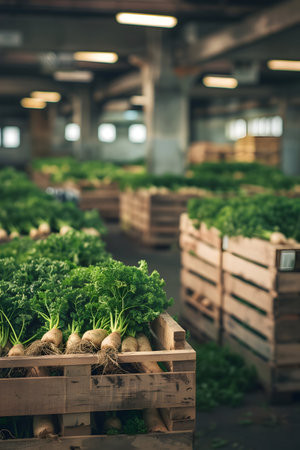 Parsley harvested in wooden boxes in a warehouse. Natural organic fruit abundance. Healthy and natural food storing and shipping concept.の素材