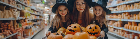 Mother and her daughters dressed as witches pulling a shopping cart with Halloween pumpkins. Concept of Halloween shopping, sale and commerce.の素材