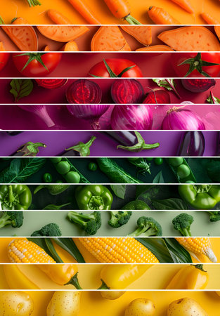 Rainbow color mix stripes with perfect vegetables, slices and leaves on colorful background. Healthy, organic, bio food concept. Abstract background, flat lay.の素材