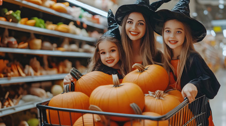 Mother and her daughters dressed as witches pulling a shopping cart with Halloween pumpkins. Concept of Halloween shopping, sale and commerce.の素材