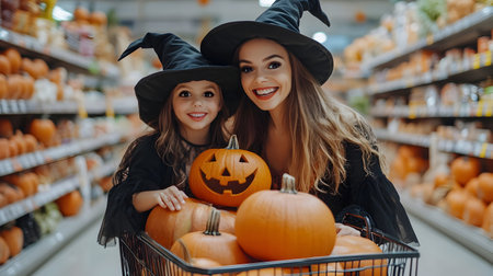 Mother and her daughters dressed as witches pulling a shopping cart with Halloween pumpkins. Concept of Halloween shopping, sale and commerce.の素材