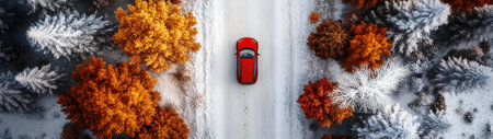 Aerial view of red car on the road with forest trees entering winter season. Concept of winter coming and autumn leaving.の素材