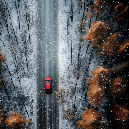 Aerial view of red car on the road with forest trees entering winter season. Concept of winter coming and autumn leaving.の素材