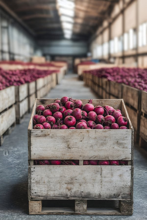 Beetroot harvested in wooden boxes in a warehouse. Natural organic fruit abundance. Healthy and natural food storing and shipping concept.の素材