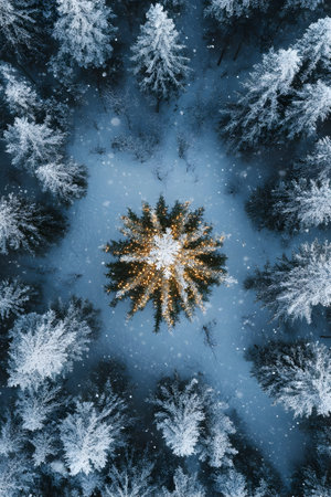 Aerial view of Christmas decorated tree in winter forest covered with snow and snowfall. Concept of Christmas celebration and standing out.の素材
