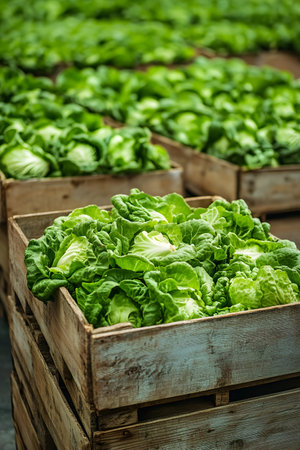 Iceberg lettuce harvested in wooden boxes in a warehouse. Natural organic fruit abundance. Healthy and natural food storing and shipping concept.の素材