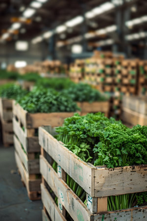 Parsley harvested in wooden boxes in a warehouse. Natural organic fruit abundance. Healthy and natural food storing and shipping concept.の素材