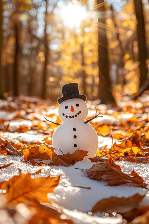 Snowman built from the first winter snow in colorful autumn leaves in the forest. Concept of winter coming and autumn leaving.の素材