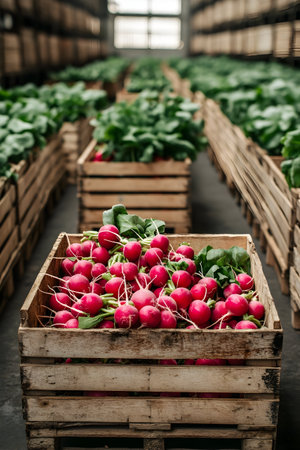 Radish harvested in wooden boxes in a warehouse. Natural organic fruit abundance. Healthy and natural food storing and shipping concept.の素材