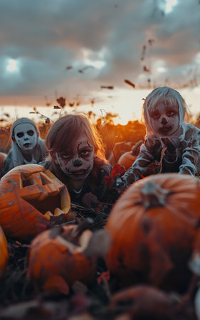 Group of children dressed as zombies and ghouls with Halloween pumpkins in a harvested field in autumn with sunset. Concept of horror, fear and Halloween party.の素材