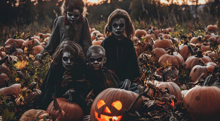 Group of children dressed as zombies and ghouls with Halloween pumpkins in a harvested field in autumn with sunset. Concept of horror, fear and Halloween party.の素材