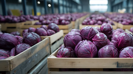 Red cabbage heads harvested in wooden boxes in a warehouse. Natural organic fruit abundance. Healthy and natural food storing and shipping concept.の素材